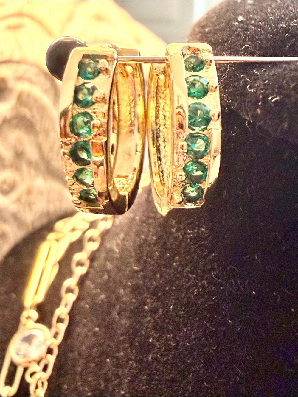 NWOT 14k Gold plated Huggie Earrings with Green CZ Accents